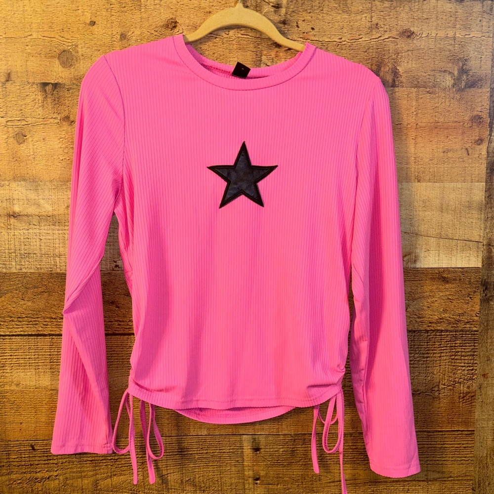 Shein Pink Star Long Sleeve Ribbed Top
